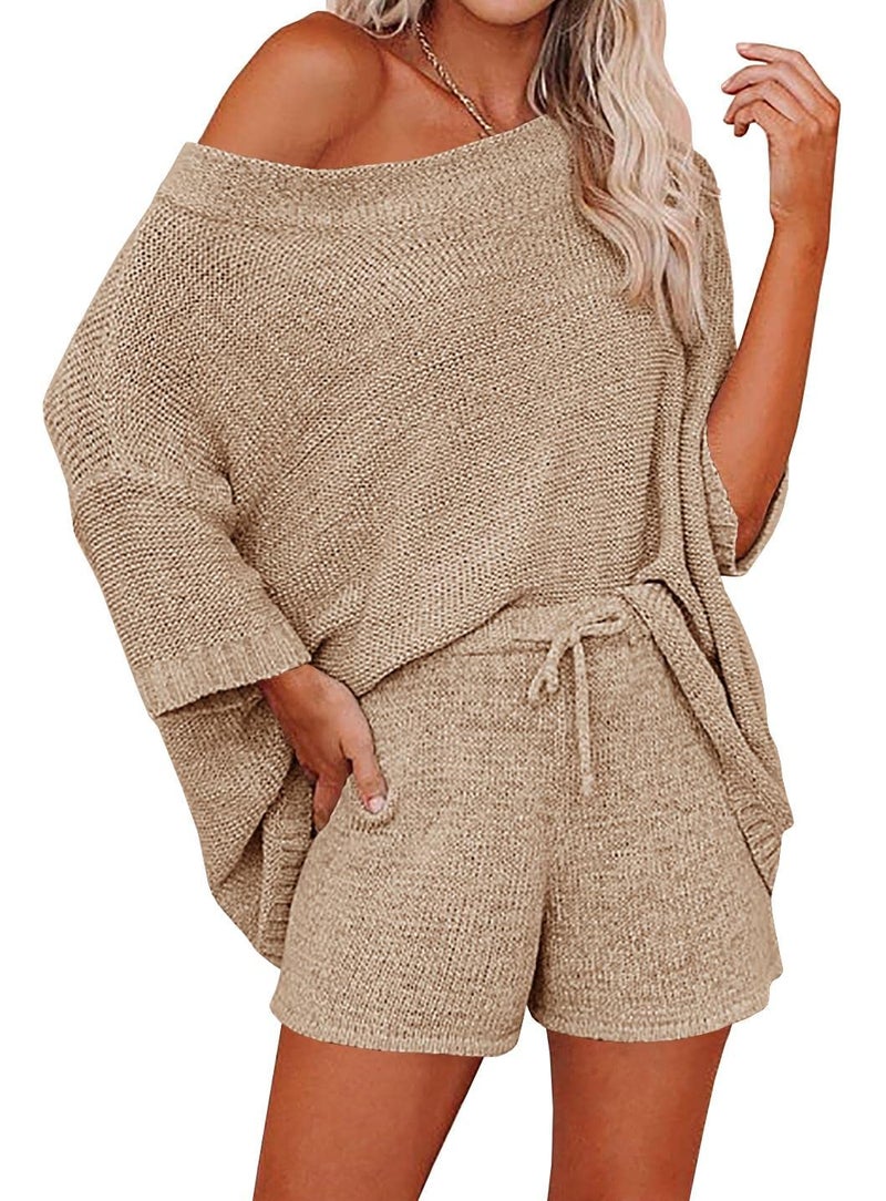 Ermonn Womens 2 Piece Outfits Sweater Sets Off Shoulder Knit Tops Waist Short Suits Casual Pajama Set Romper Jumpsuits Khaki - Image 1
